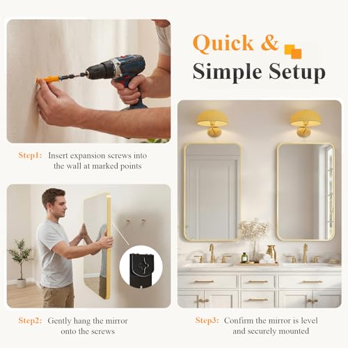 Image of NEWBULIG 30X40 Inch Bathroom Mirror, Rectangle Wall Mirror with Rounded Corners, Gold Vanity Mirrors for Bathroom Sink with Metal Frame for Bedroom, Entryway, Hangs Horizontally or Vertically