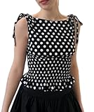 NUFIWI Women Cute Polka Dot Tank Top Boat Neck Smocked Going Out Y2k Tops Slim Fit Sleeveless Summer Shirts (Cute Black, S)