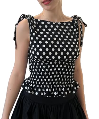 NUFIWI Women Cute Polka Dot Tank Top Boat Neck Smocked Going Out Y2k Tops Slim Fit Sleeveless Summer Shirts Streetwear