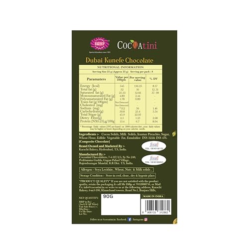 Image of Cocoatini Dubai Kunefe Chocolate Bar 90gm By Karachi Bakery
