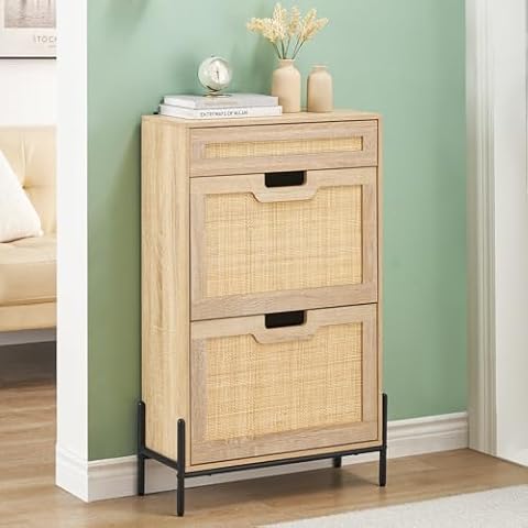coucheta 2 Flip Drawers Shoe Storage Cabinet with 1 Drawer, Rattan Shoe Organizer with Metal Legs, Freestanding Narrow Shoe Rack Cabinet for Entryway, Oak Cover
