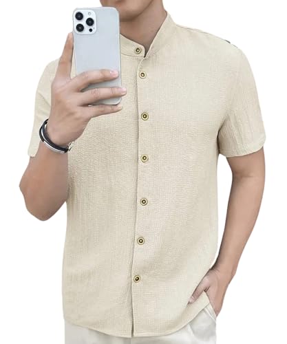 Image of Men's Solid Textured Half Sleeve Shirt with Stylish Buttons | Band Collar Casual Shirt for Summer Wear