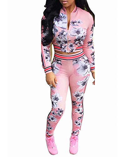 Women's Floral Zip Up 2 Piece Set Tracksuit Sports Joggers Jacket Suit Pink M Women's Floral Zip Up 2 Piece Set Tracksuit Sports Joggers Jacket Suit Pink M