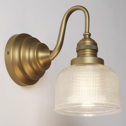 Image of Antique Brass Gold Bathroom Vanity Light,Clear Checkered Glass