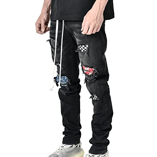 Generic Men's Vintage Ripped Patch Jeans Printed Pattern Skinny Biker Denim Pants Hip Hop Skinny Check Patchwork Jean Trousers (Black,Small)3
