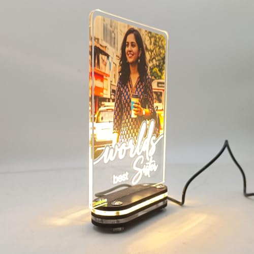 Image of lampees Personalized 3D Lamp World's Best Sister LED Glow Frame, Acrylic | Custom Photo & Text, Warm LED Glow, Wood & Acrylic Base, Desk Display, Rakshabandhan sister Brother