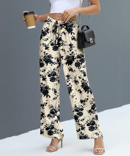 NILOUFO Women Summer Casual High Waist Wide Leg Pants Fashion Lightweight Flowy Boho Beach with Pockets(Ink-Wash Rose, Large) — view 3