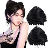Furimuk 2PCS Space Buns Hair Pieces, Mini Claw Clip in Messy & Cat Ears Fake Hair Bun Extensions Scrunchies, Wig Accessory for Women (Natural black)