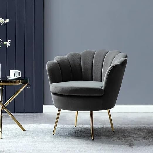 Image of Wooden Velvet Shell Accent Chair, Upholstery, Gold Metal Legs, Channel Tufted Design, Barrel Chair for Living Room, Drawing Room, Bedroom, & Office (Grey)