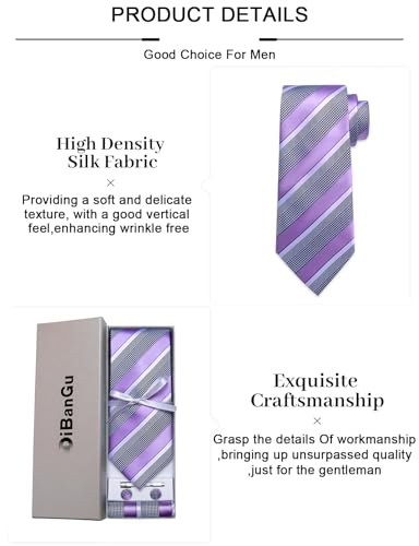 Image of DiBanGu Mens Striped Tie Silk Woven Necktie and Pocket Square Cufflinks Tie Clip Set Wedding Business Formal Gift Tie for Men
