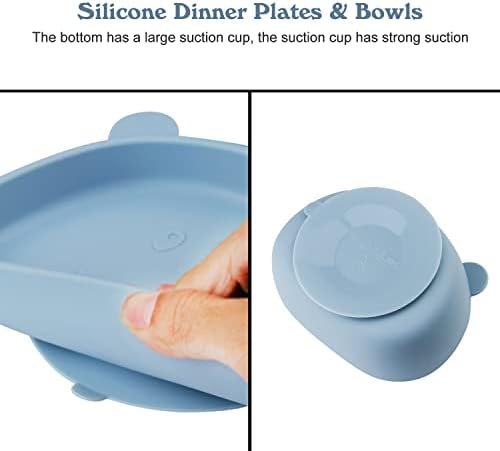 Baby Suction Plate and Bowl Set,Non Slip Silicone Feeding Plate with Fork and Spoon,Baby Weaning Set for Toddler,4 Pack,Fit Most High Chair, BPA-Free Dishwasher & Microwave Safe,Toddler Plate