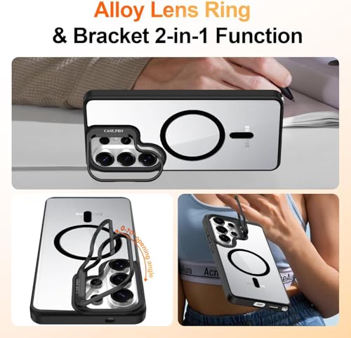 Image of VONZEE Compatible for Samsung S26 Ultra 5G Case, Compatible with MagSafe, Military-Grade Protective Case, Built-in Stash Stand Phone Case, Scratch-Resistant Back Cover, Classic Series|Clear Black