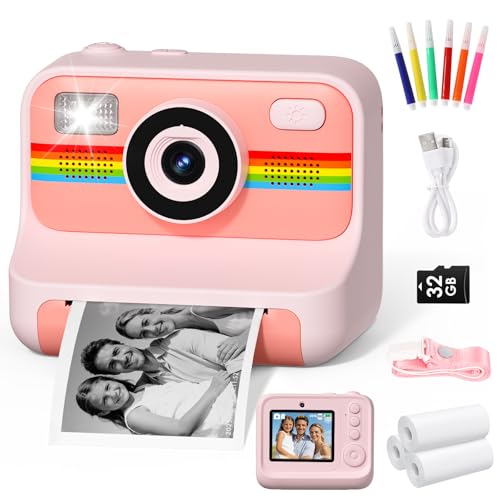 LIORQUE Macchina Fotografica Bambini Istantanea 2.4'' 1080p HD Fotocamera Autoscatto per Bambini con 32GB SD + 3 Carta da Stampa - Regalo per 3-10 Anni (Rosa)