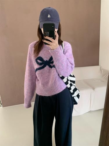 Image of Women's Y2K Bow Print Cropped Sweater Casual Loose Fit Pullover Tops Long Sleeve Crew Neck Chunky Knit Jumpers