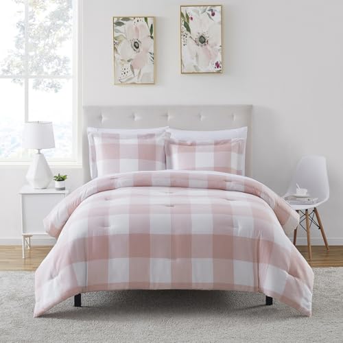 King Size Comforter Set with Sheets - 7-Piece Bedding Collection - 1 Comforter, 1 Fitted Sheet, 1 Flat, 4 Pillowcases - Deep Pocket - Soft & Premium Quality - Ideal for All Seasons Checkered Box Blush