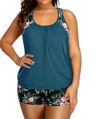 Image of Womens Plus Size Tankini Swimsuit Two Piece Tummy Control Bathing Suit | Blouson Racerback Tankini Top with Shorts, Double Up Design, Removable Pad