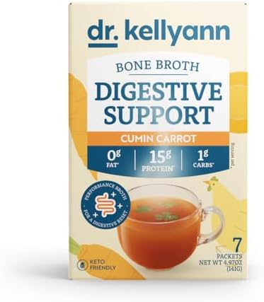 Dr. Kellyann Bone Broth + Digestive Support Collagen Powder Packets (7 Servings, 1 Box), 16g Protein/Serving, 100% Grass-Fed Hydrolyzed Collagen Powder, Keto & Paleo Friendly – Cumin Carrot