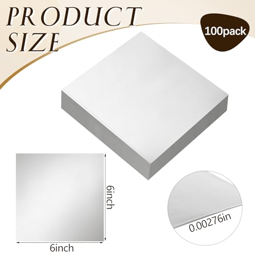 Yaocom 100 Packs Aluminum Metal Crafts DIY Foil Thick for Art Project Aluminum Flashing Roll Wide Sheet Multipurpose Metal Sheets (6 Inch X 6 Inch X 0.07 mm,Silver)