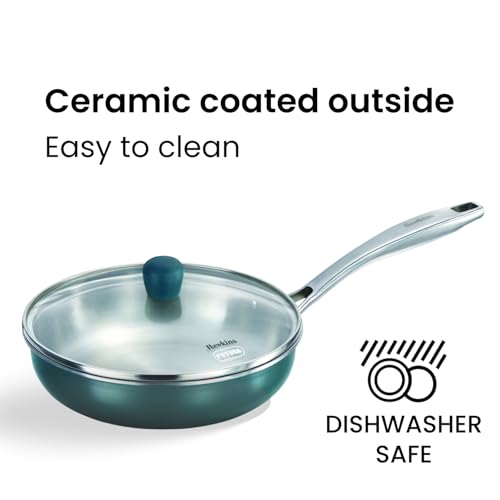 Image of Hawkins 22 cm Triply Stainless Steel Olive Frying Pan | Induction & Gas Compatible | Easy-Clean Ceramic Exterior | with Lid | Green (POSF22G)