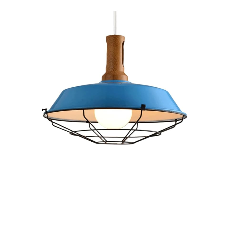 LANTANB Blue Farmhouse Pendant Light 1 Pack Light Fixtures with Metal Cage Shade Wood Accent Hanging Island Pendant Light,Barn Lights for Kitchen Island, Dining Room E26 Base