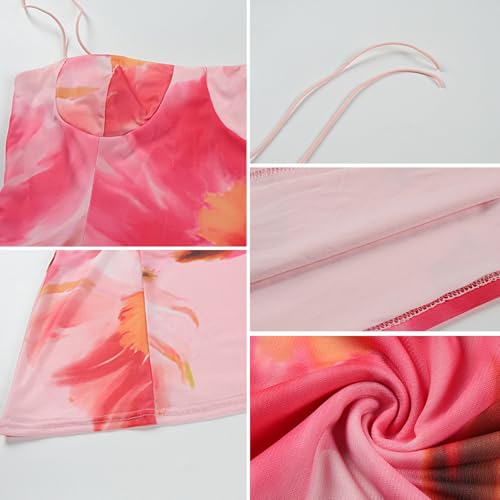 Image of Women Floral Mini Dress Bohemian Spaghetti Strap Sleeveless Bodycon A-Line Dress Short Cami Swing Dress Clubwear Y2K