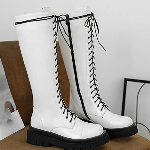 Meefit Women Goth Knee High Platform Boots Lace Up Chunky Heel Combat Tall Boots4