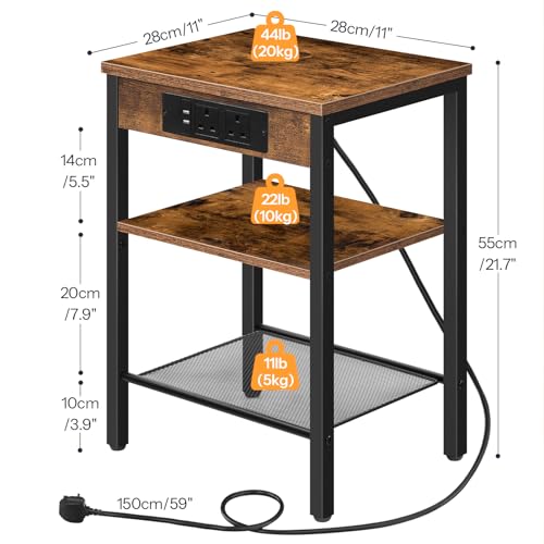 HOOBRO Side Table with Charging Station, Narrow Bedside Table with 2 Sockets and 2 USB Ports, 3-Tier Nightstand with Adjustable Shelf, Slim Sofa Tables End Tables, Rustic Brown and Black EBF112KBZ01 - 3