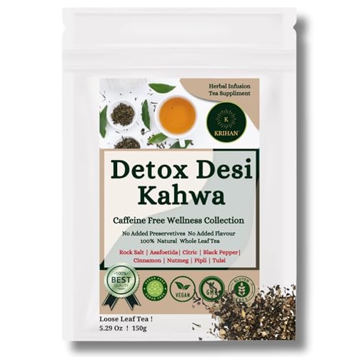 KRIHAN Detox Desi Kahwa Green Tea : 75+ Cups Of Organic Herbal Infusion Made With 100% Indian Traditional Herbs & Spices For Digestion Support | 5.29 Oz (150g)