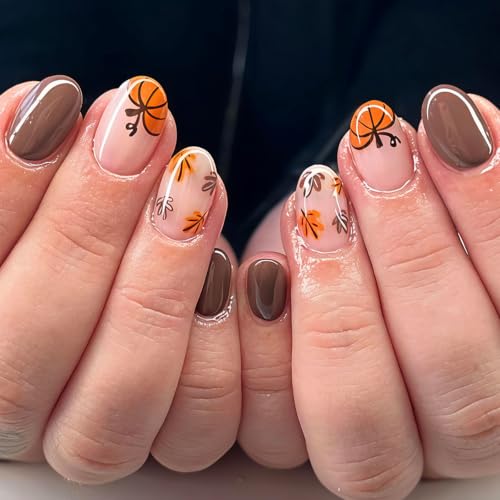 Thanksgiving Press on Nails Short Oval Fake Nails with Pumpkin Ma...