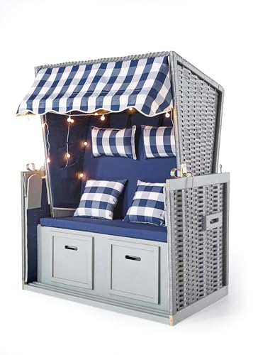Wohnando Strandkorb XXL Blau Weiß für Zwei Personen inklusive LED -...