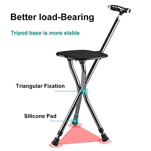 Bastón, Soporte de Bastón Plegable, Silla de Bastón de Aluminio Ajustable en Altura, Telescópica de 3 Patas, con Luz Led, Bastón Ligero para Personas Mayores