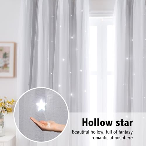 Image of indistar Star Cutout Kids Window Blackout Curtains for Girl Bedroom Window Room Darkening Curtains & Drapes Baby Nursery Curtains (2 Panel,52Wx80L inch,Greyish White)