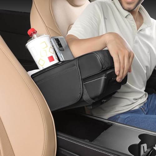 Image of SELENIC Universal Car Center Console Cover, Leather Armrest Cushion with Storage Box, Cup Holder, Tissue Organizer & Phone Slot, Waterproof Interior Accessory (Black)