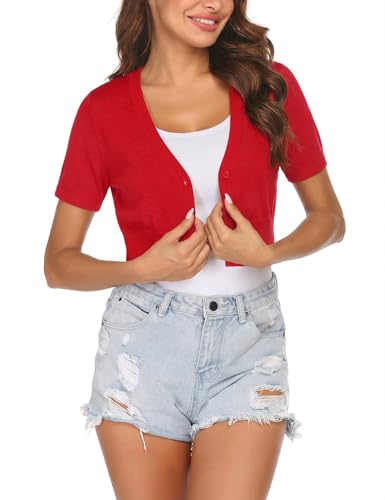 Totatuit Boléro Été Manches Courtes Cardigan Léger Veste Printemps Été Col V Boutonné Rouge,S