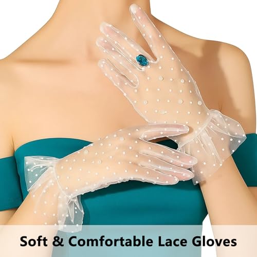 Lace Gloves for Tea Party Women's White Mesh Sheer Gloves with Pearls Ruffle Trim Style Pearl Bridal Elegant Accessories for Wedding Vintage Outfit3