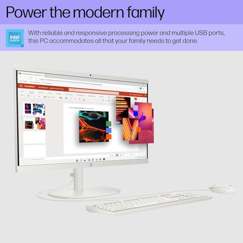 Image of HP 21.45 inch FHD All-in-One PC, Intel N200, 32GB DDR5, 1TB PCIe SSD, WiFi 6, Bluetooth, Windows 11 Home, Includes Wired Keyboard & Mouse + External 9H 6-in-1 DVD Drive, White