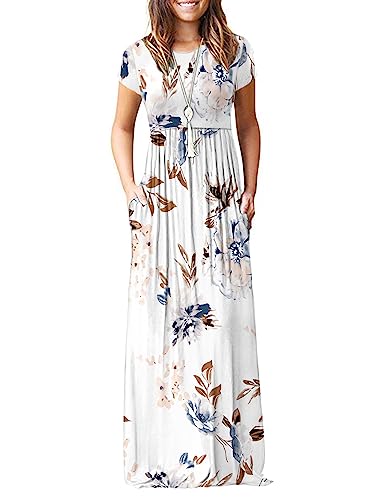 Image of MISFAY Women's Short Sleeve Maxi Dresses Long Casual Dresses with Pockets | Empire Elastic Waist, Crew Neck, Floor Length, Strentchy Flowy A Line Fit, Loose Plain Summer Outfits, Vacation Wear