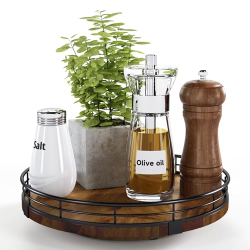 Farmhouse Oak 9″ Lazy Susan Turntable Organizer for Cabinet, Round Wooden Lazy Susan Organization and Storage for Dining Table, Pantry, Kitchen, Countertop, Cupboard,Home Decor, Walnut Wood