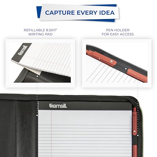 Image of Samsill Contrast Stitch Leather Zippered Portfolio Folder /Business Portfolio for Men and Women, Resume /Document Organizer with Writing Pad, Black (71720)
