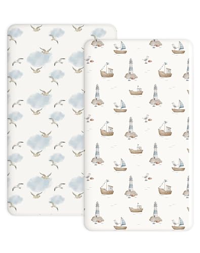 Image of Pack and Play Sheets 2 Pack, Fitted Jersey Knit Mini Crib Sheets for Baby Boys and Girls, Compatible with Graco Pack N Play and Mini Crib Mattress (Sailing Waves, Pack N Play /Mini Crib Sheets)