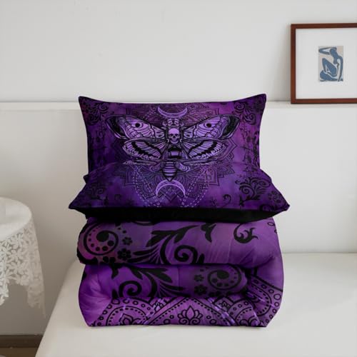 Image of Feelyou Boys Girls Purple Damask Duvet Insert Twin Size, Boho Death Moth Skull Comforter Set Gothic Decor Bedding Set Kids Teens Bedroom Decor 2Pcs