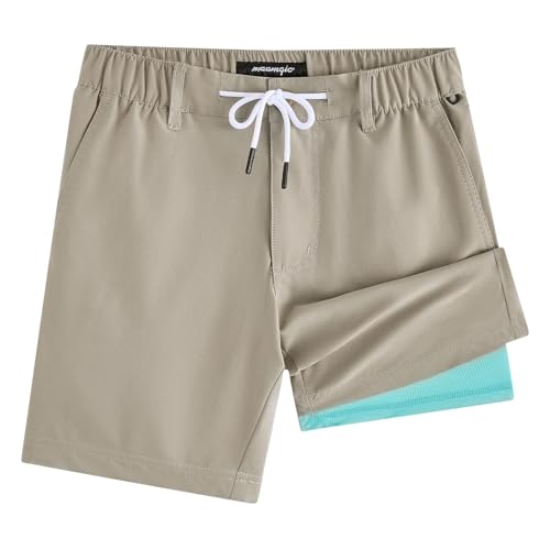 maamgic Boys Casual Shorts with Compression Liner & Zipper Pockets Stretch Fit School Uniform Shorts for GolfRunning Taupe-Blue
