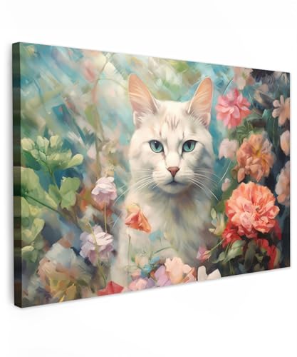 MuchoWow© Quadros sala de estar modernos, 60 x 40 cm, tela de fotos de parede decoração de quarto Wall Art tela decoração quadro gato - flores - rosa - natural