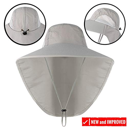 Outdoor Upf 50+ Sun Protection Safari Cap Packable Sun Hat Wide Brim Fishing Hat With Neck Flap For Men Women (Light Grey) #TOP4