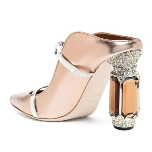 FSJ Women Pointed Toe Mules Chunky High Heels Sandals Pumps Slip On Two Strap Chic Crystal Block Heels Backless Casual Dressy Shoes Size 4-16 US3