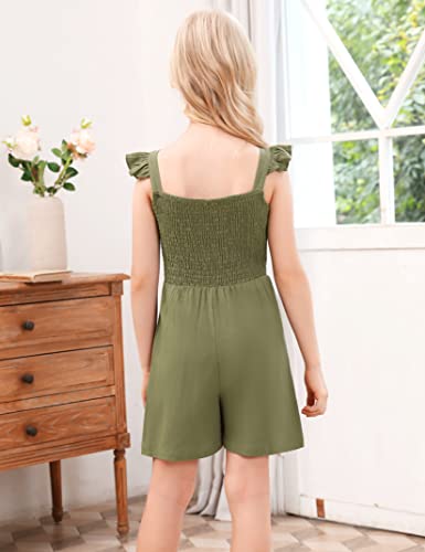 Kukume Girls Rompers Flutter Sleeve Solid Sling Jumpsuits Shorts Overall One Piece Summer Outfits Armygreen 5-6 Years #TOP4
