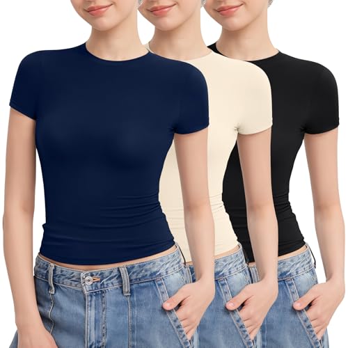La Mejor Lista de Camisetas y camisas deportivas para Mujer del mes. 44 GZYCKYD Paquete de 3 Playeras para Mujer, Corte Ajustado, Transpirable, Suave, Cuello Redondo, Basicas, Multicolor, Camisetas Mujer para Casual, Gym, Deportes, Yoga, Diario