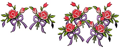 Bouquet Rose Pink and Ribbon Bow Iron on Patch Embroidered Decorative Patches Cute Sew on Applique Stickers Clothes T-Shirt Jackets Hats Jeans Backpacks for Men Women (3 Pairs)
