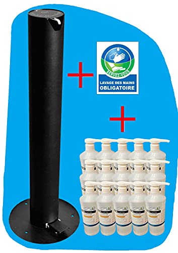 Distributeur DE Gel HYDROALCOOLIQUE Design, sans Contact, à pédale, sur Colonne, sur Pied, Anti vol. Gratuit adhesif signaletique + 15 Bouteilles de 1 Litre de Gel Cover