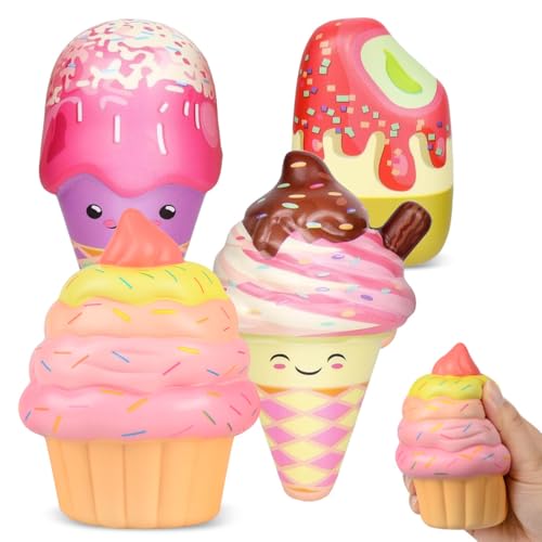 4Pcs Squishy Toys, Alivio del Estrés, Ansiedad, Autismo, Rosa Juguetes Blandos, Adorables Juguetes Sensoriales Kawaii Helado para Niñas, Niños y Adultos, Regalos de Cumpleaños de Navidad
